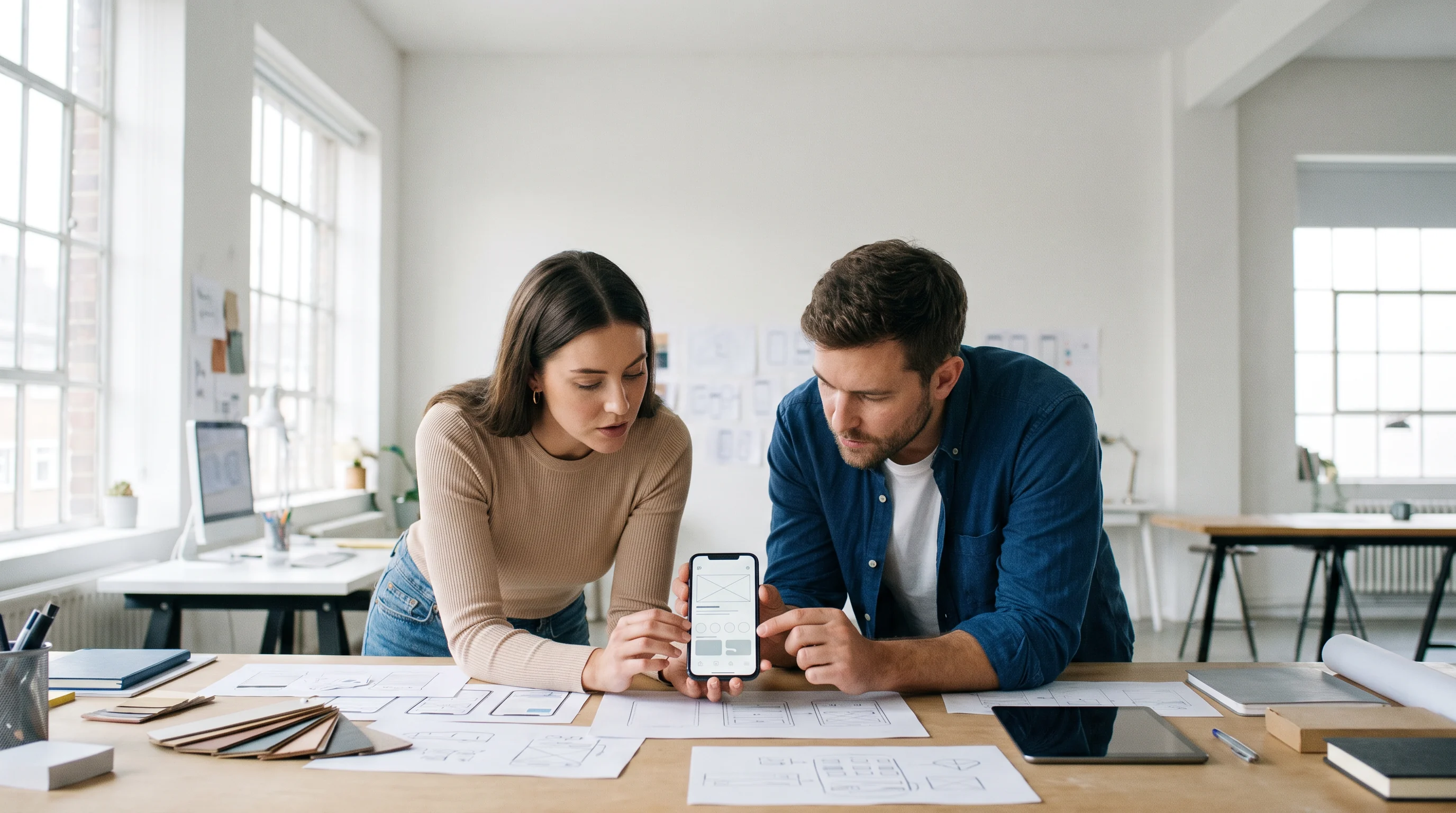 Product team reviewing a mobile prototype in a bright studio