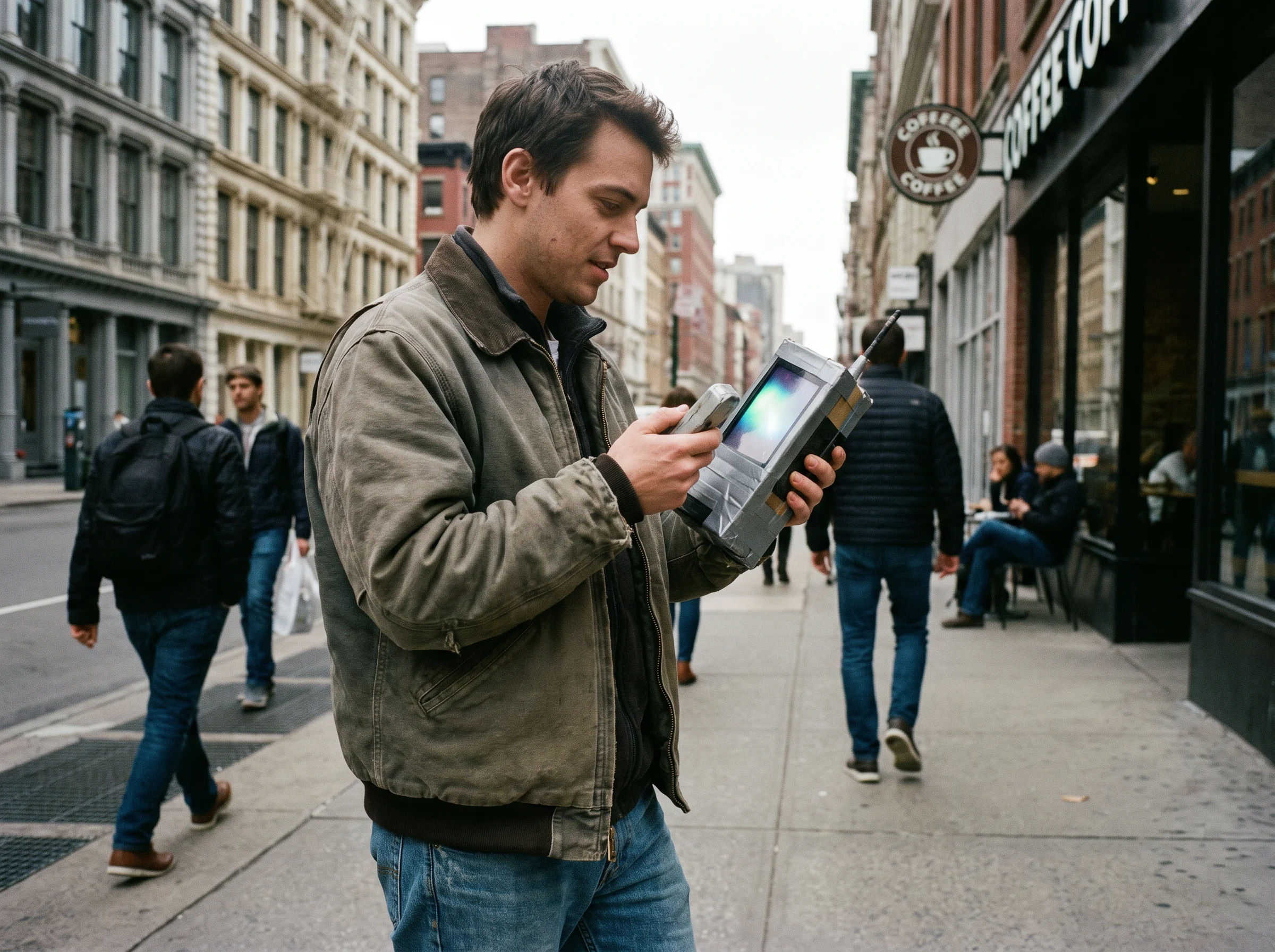 Person testing a mobile prototype outdoors