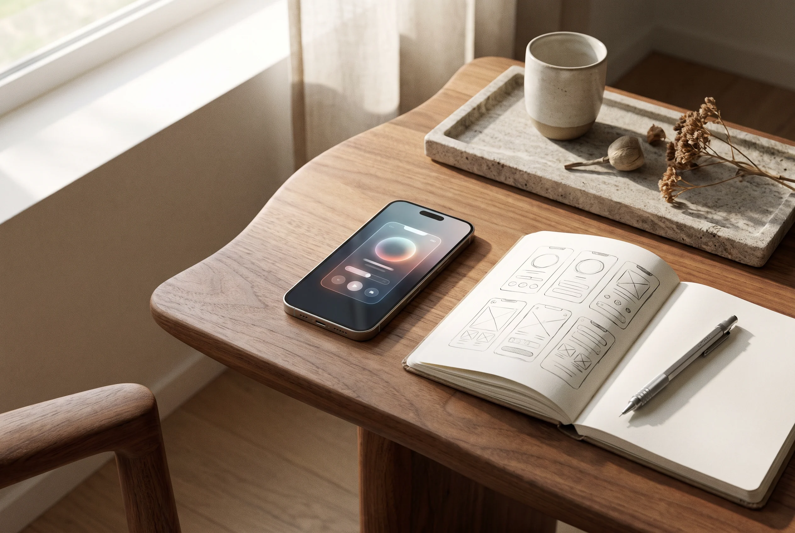 Phone and sketchbook on a designer desk