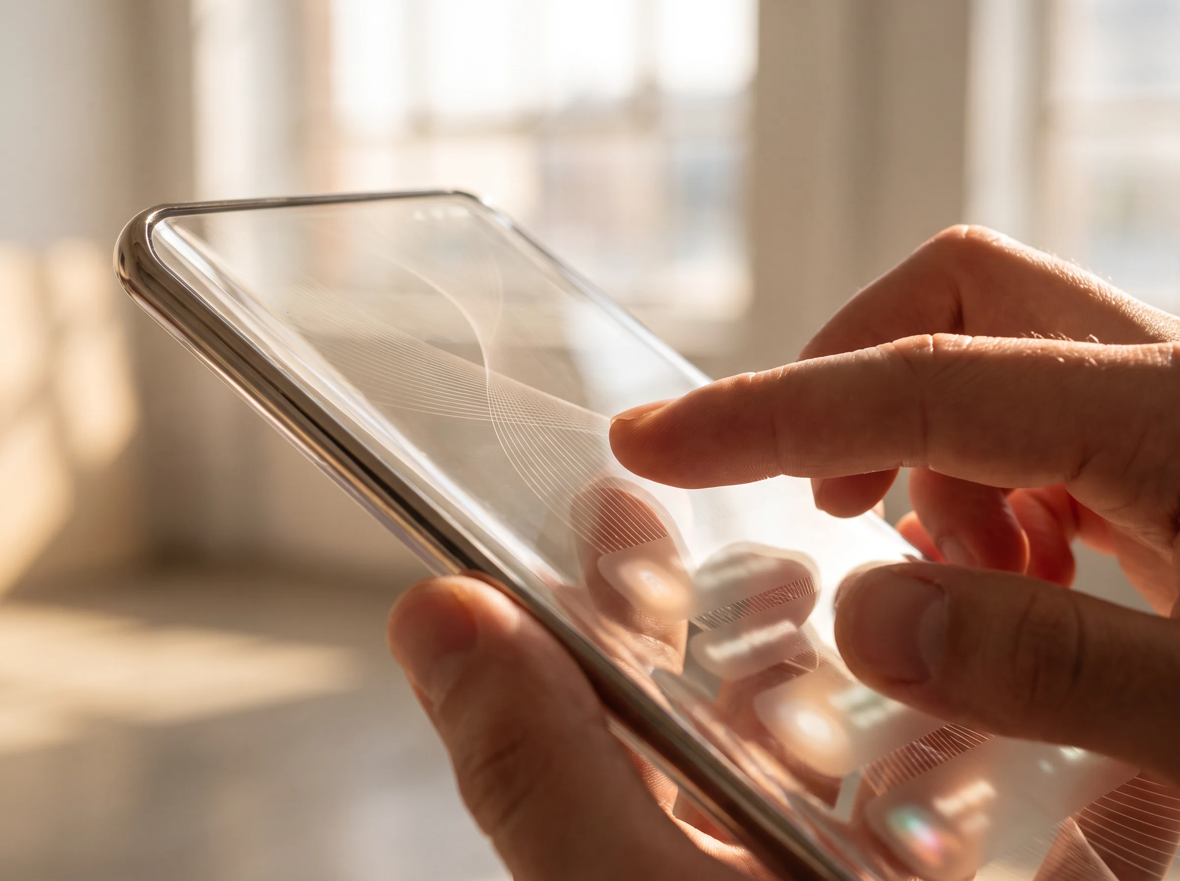 Close view of a hand using an abstract mobile prototype
